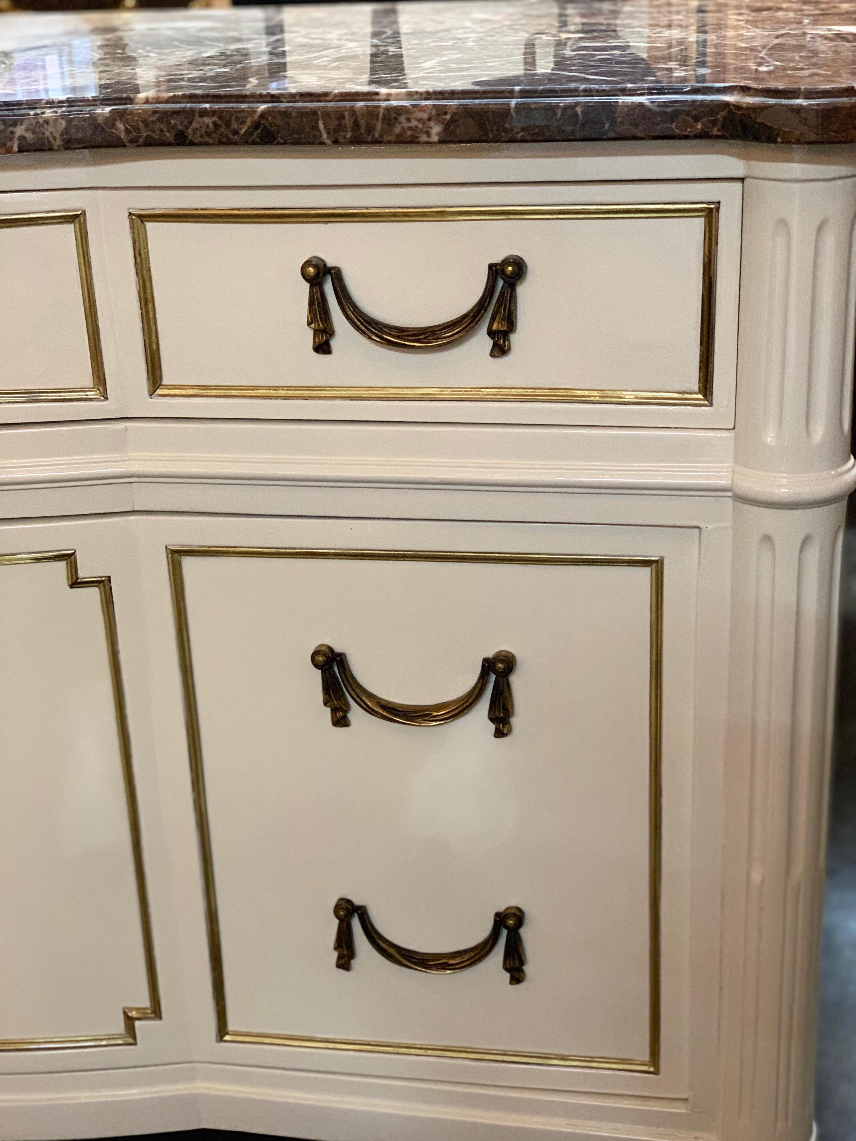 French Jansen Style White Lacquered Commode with Marble Top In Good Condition In Dallas, TX