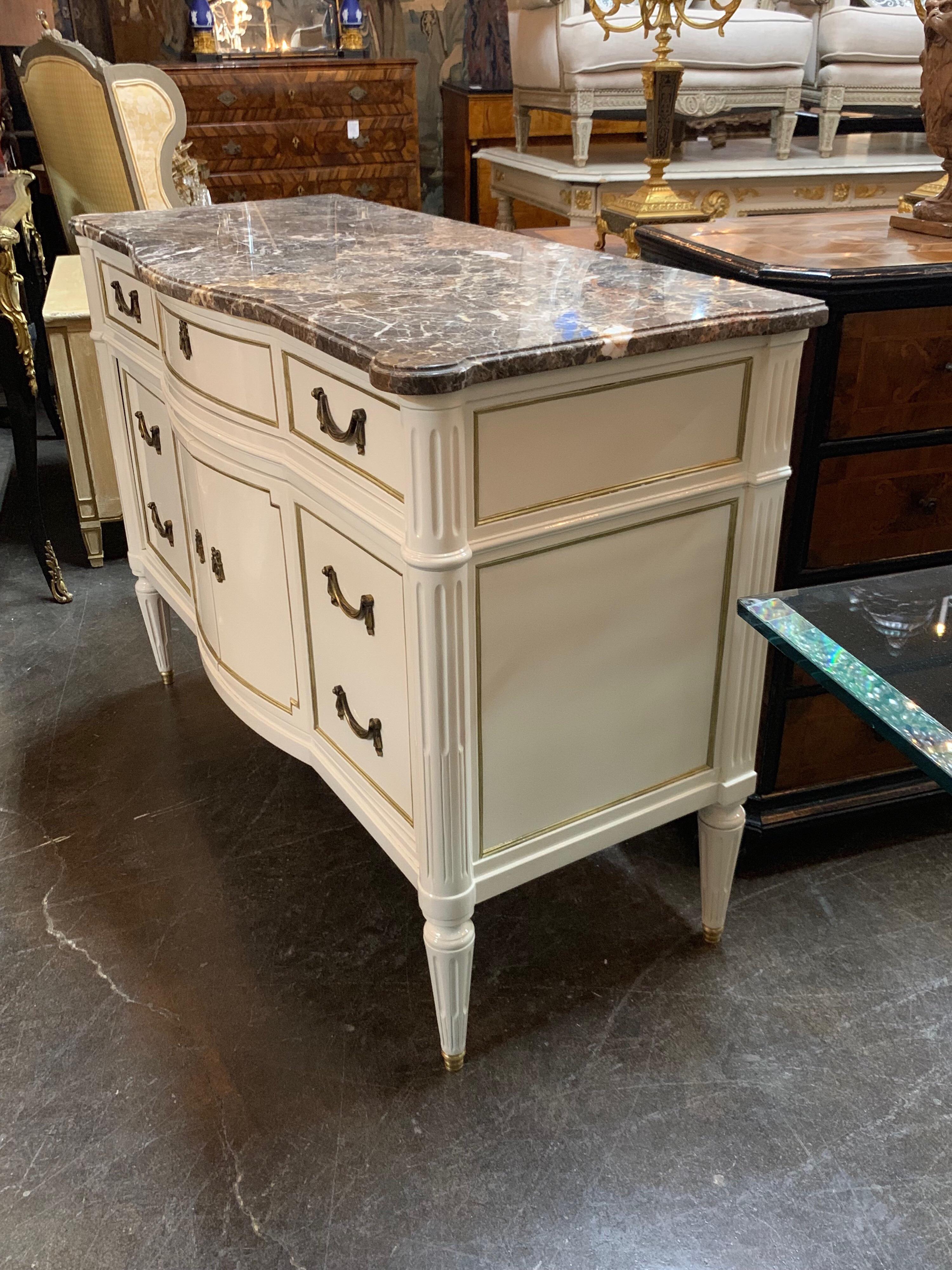 Wood French Jansen Style White Lacquered Commode with Marble Top