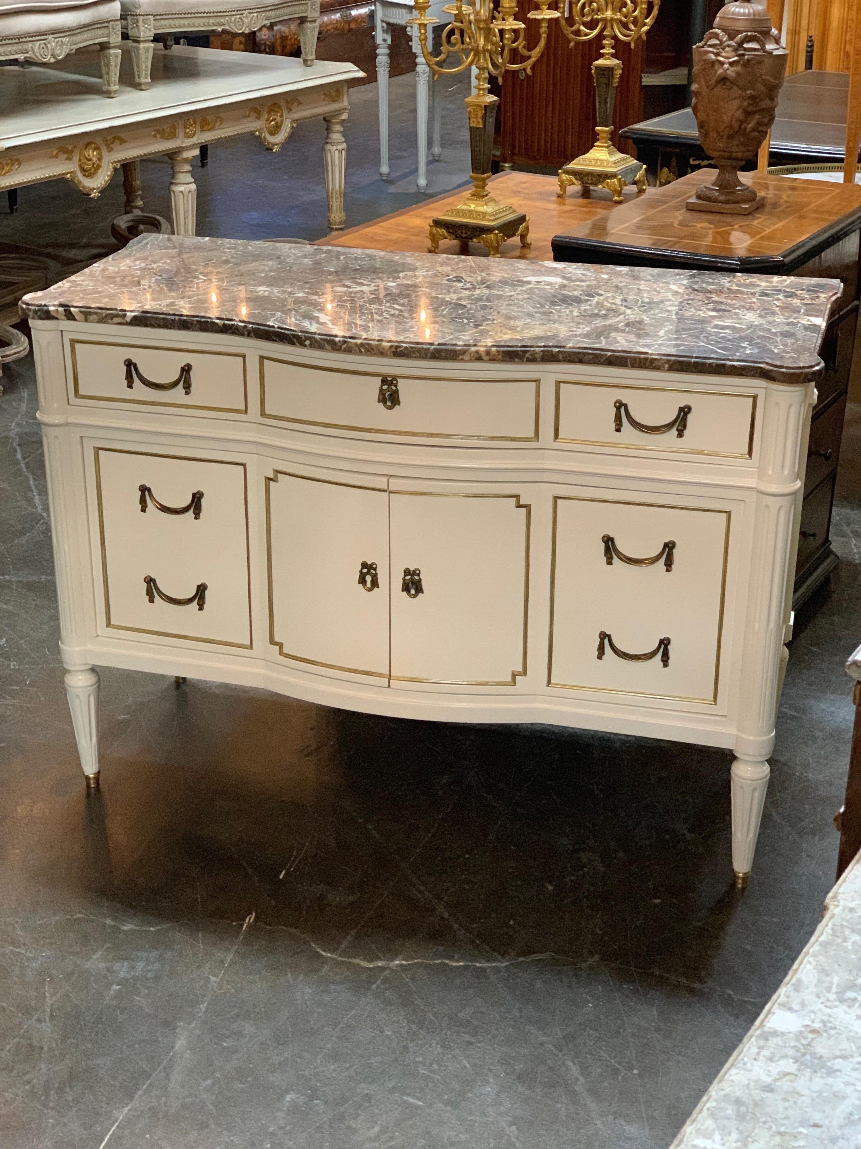 French Jansen Style White Lacquered Commode with Marble Top 1