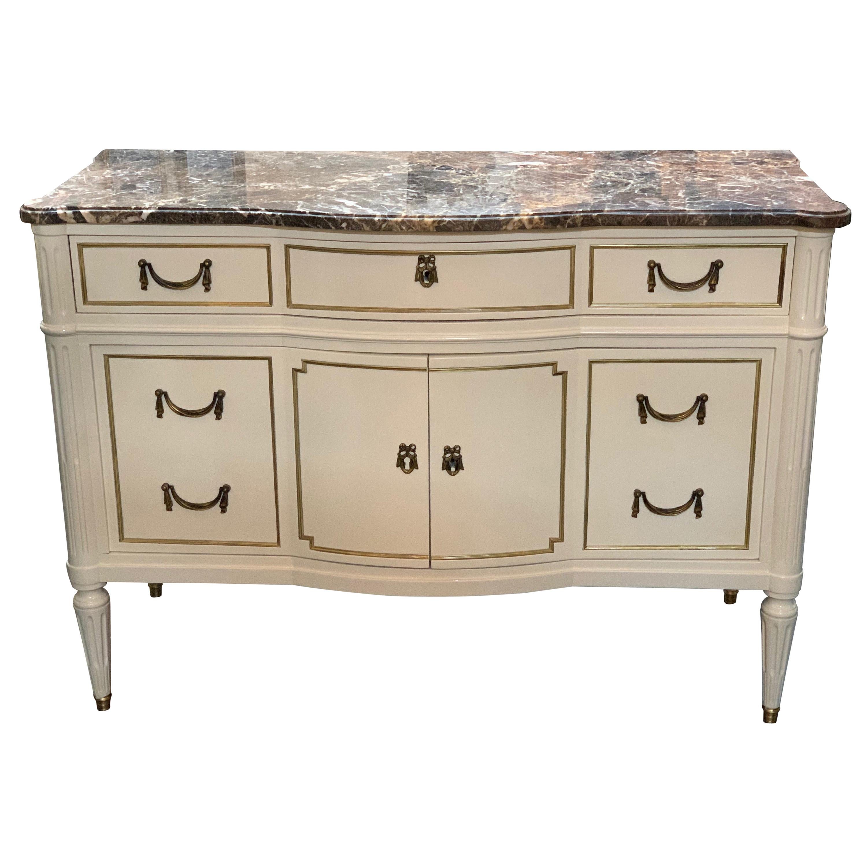 French Jansen Style White Lacquered Commode with Marble Top