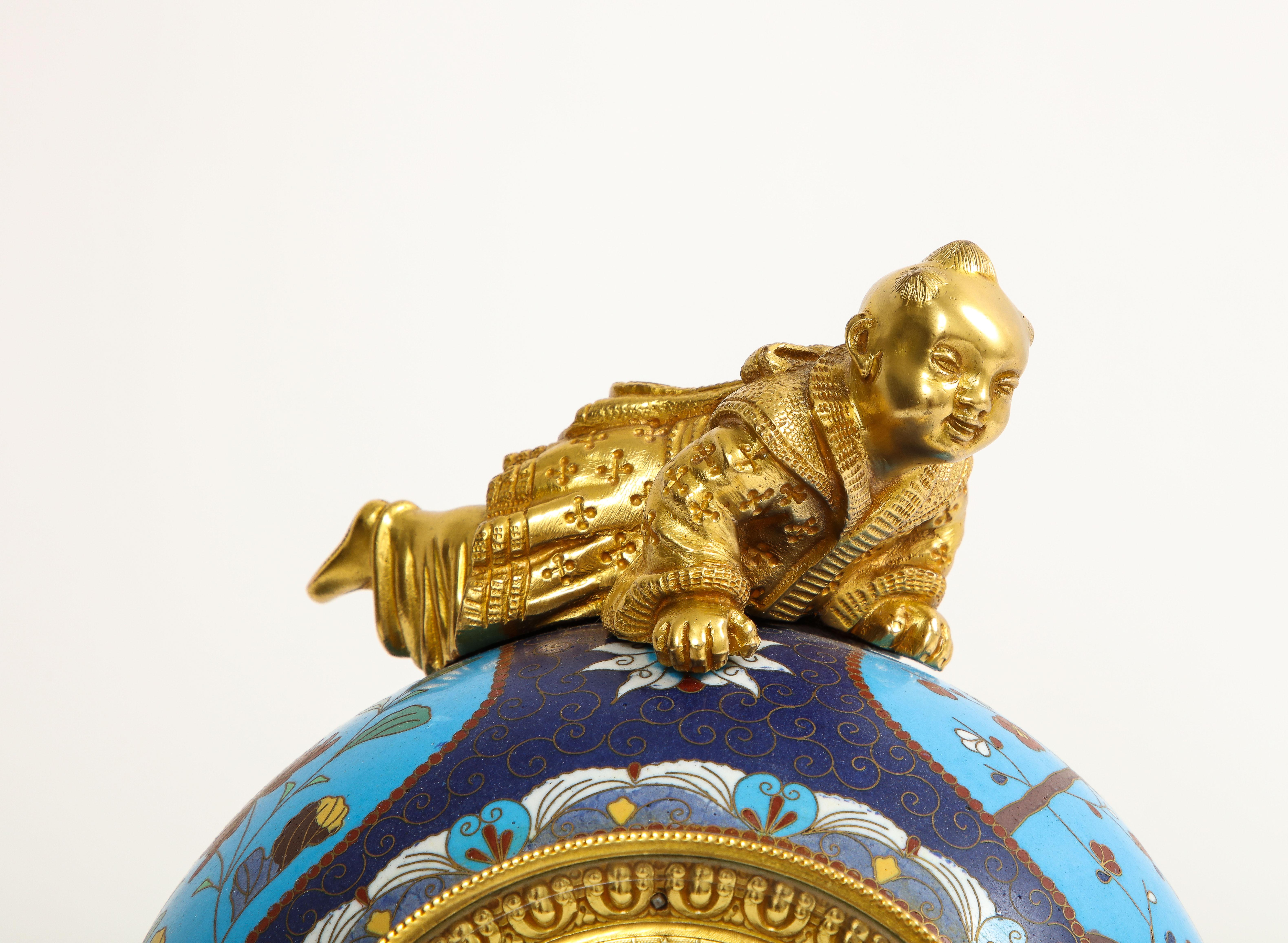 French Japanism Champleve Enamel Ormolu Mounted Clock, Christofle & Cie, 1800s For Sale 4