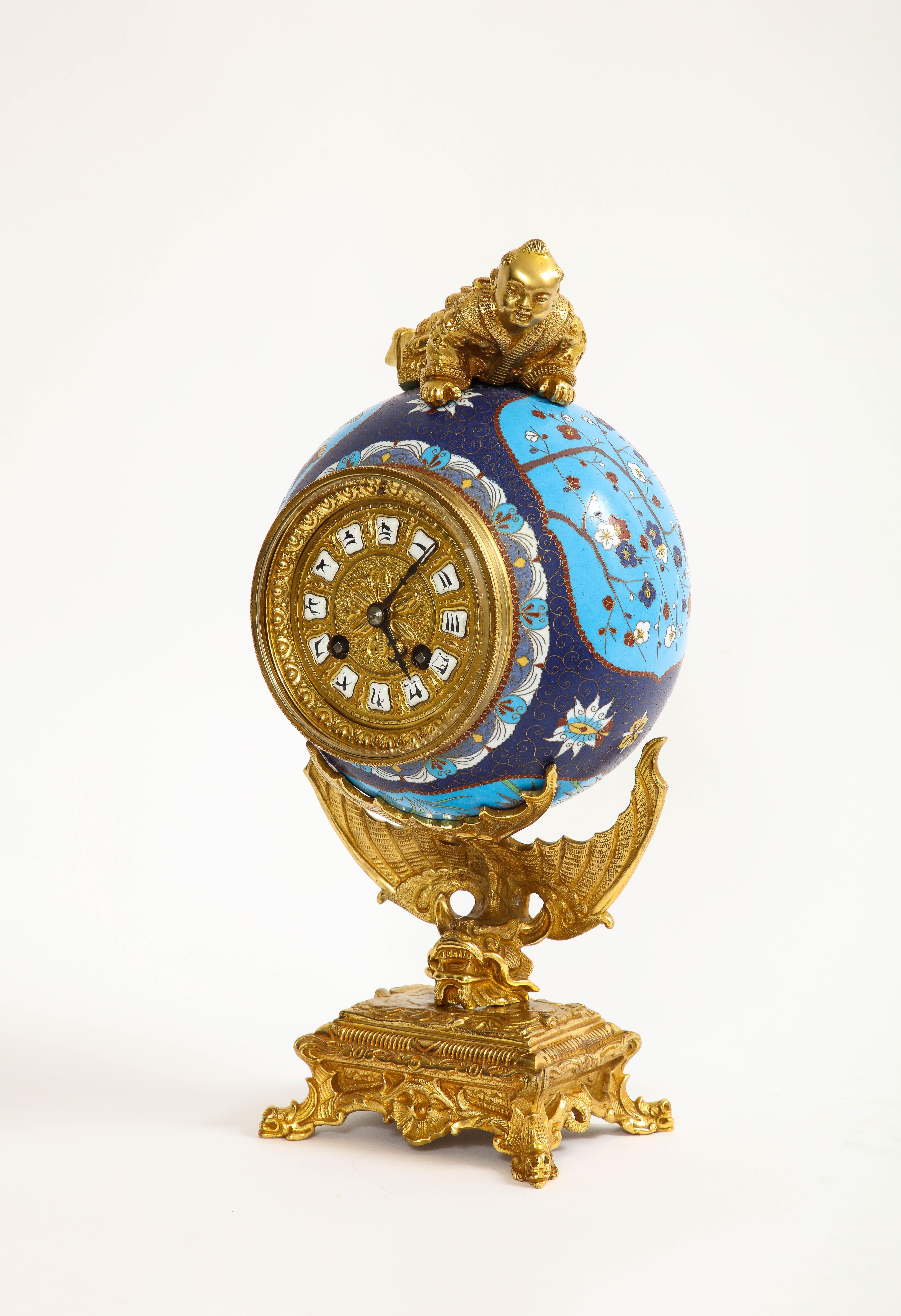 Japonisme French Japanism Champleve Enamel Ormolu Mounted Clock, Christofle & Cie, 1800s For Sale