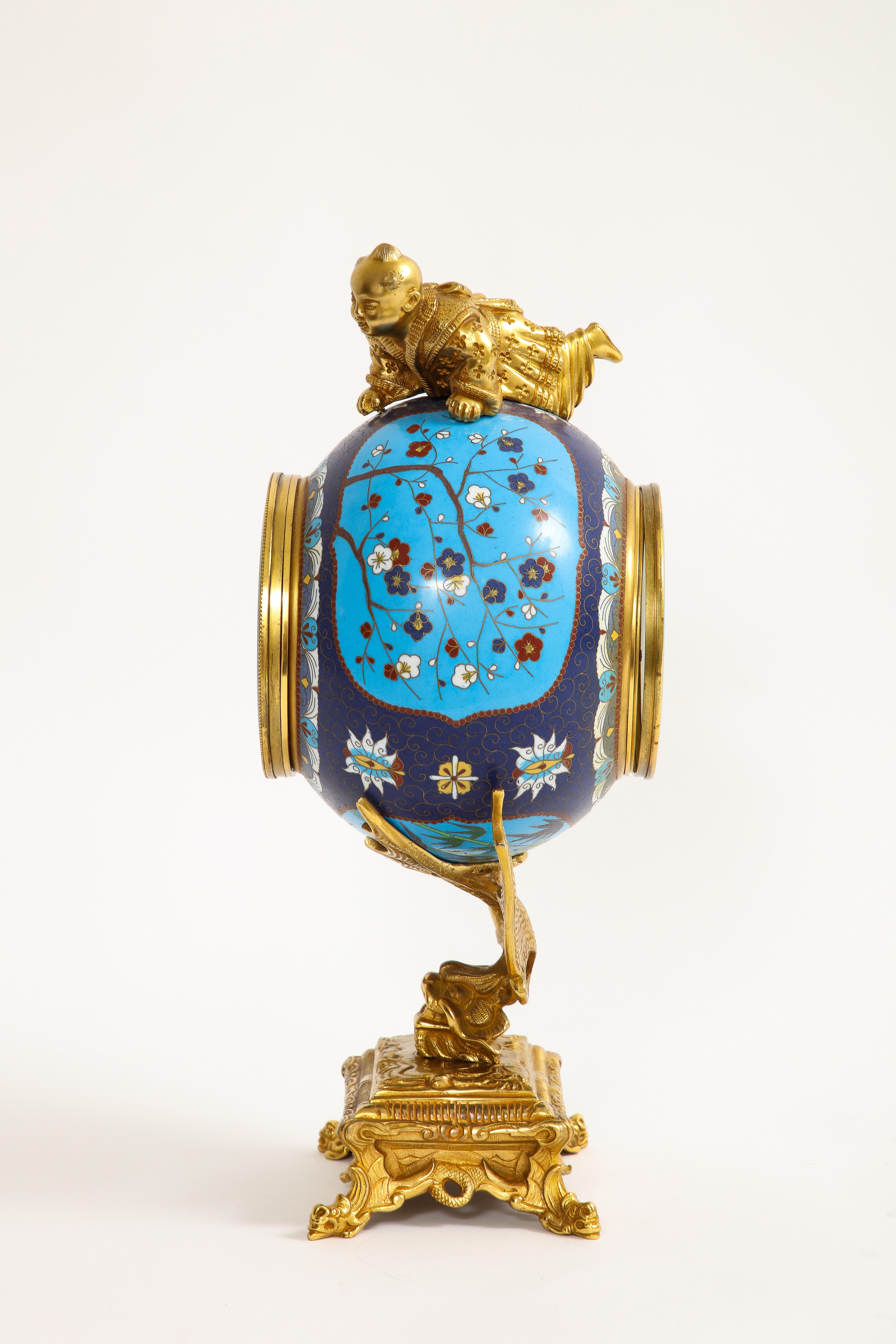 19th Century French Japanism Champleve Enamel Ormolu Mounted Clock, Christofle & Cie, 1800s For Sale