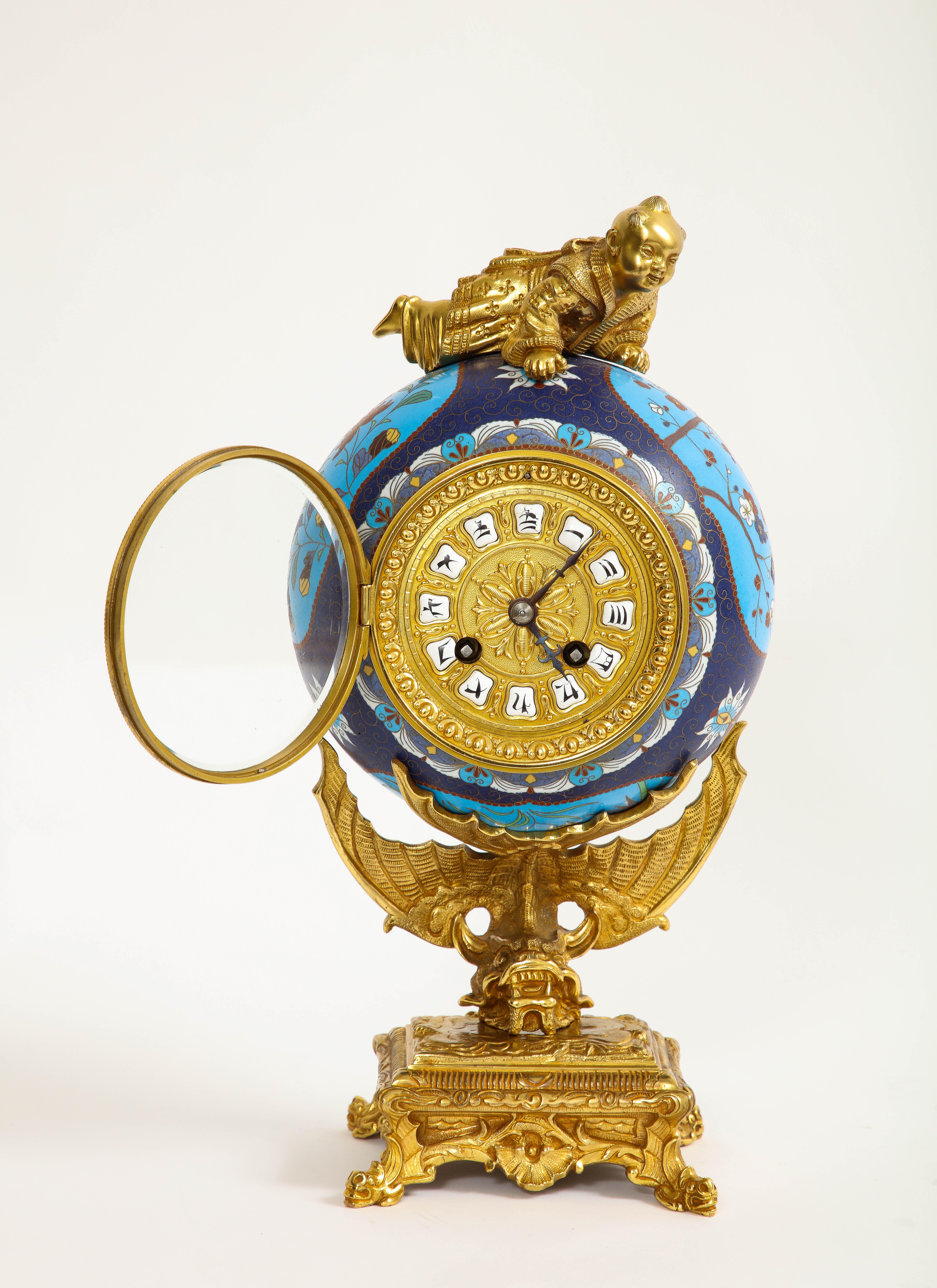French Japanism Champleve Enamel Ormolu Mounted Clock, Christofle & Cie, 1800s For Sale 1