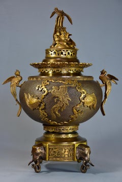 French Japonism Style Gilt and Patinated Bronze Incense Burner Set
