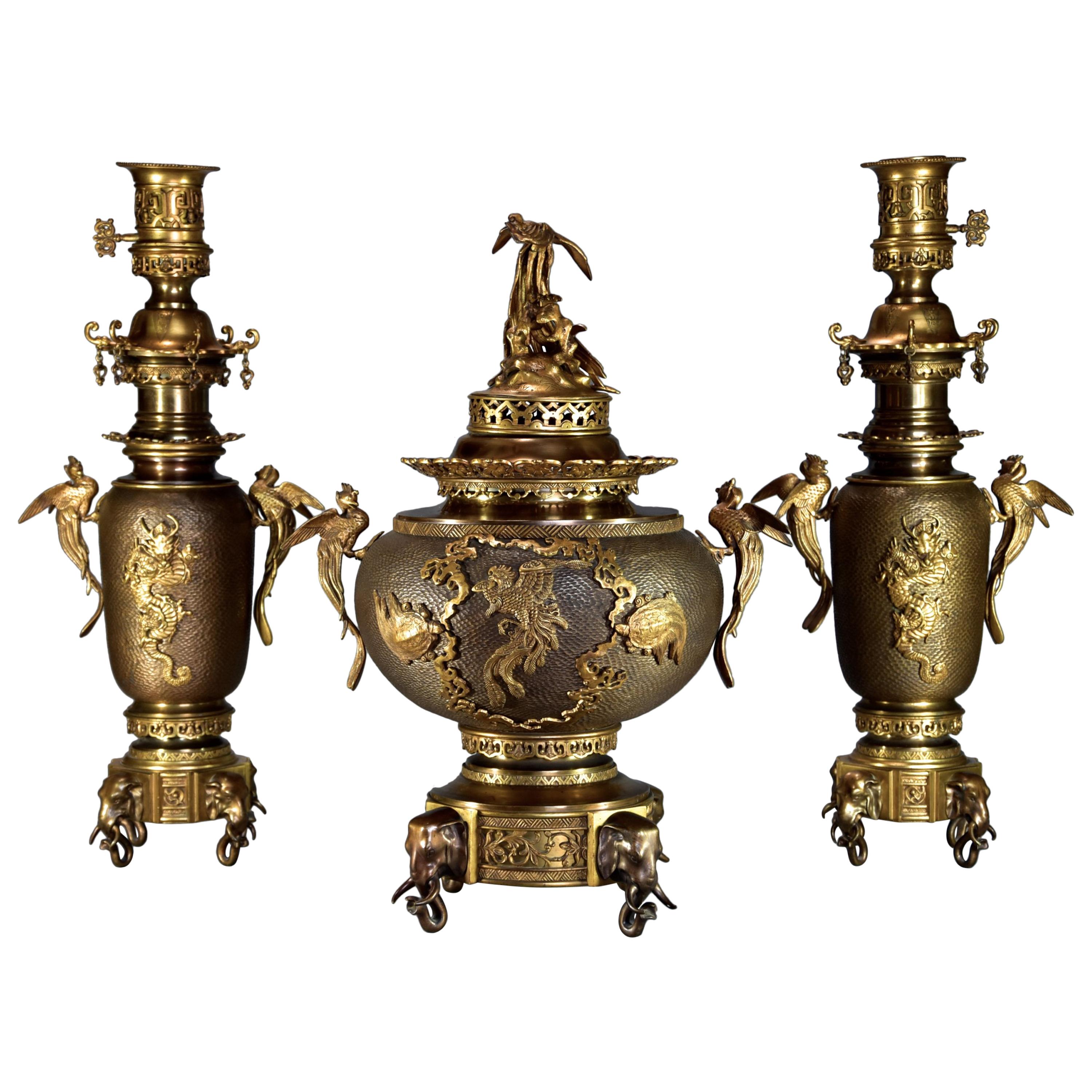 French Japonism Style Gilt and Patinated Bronze Incense Burner Set For Sale