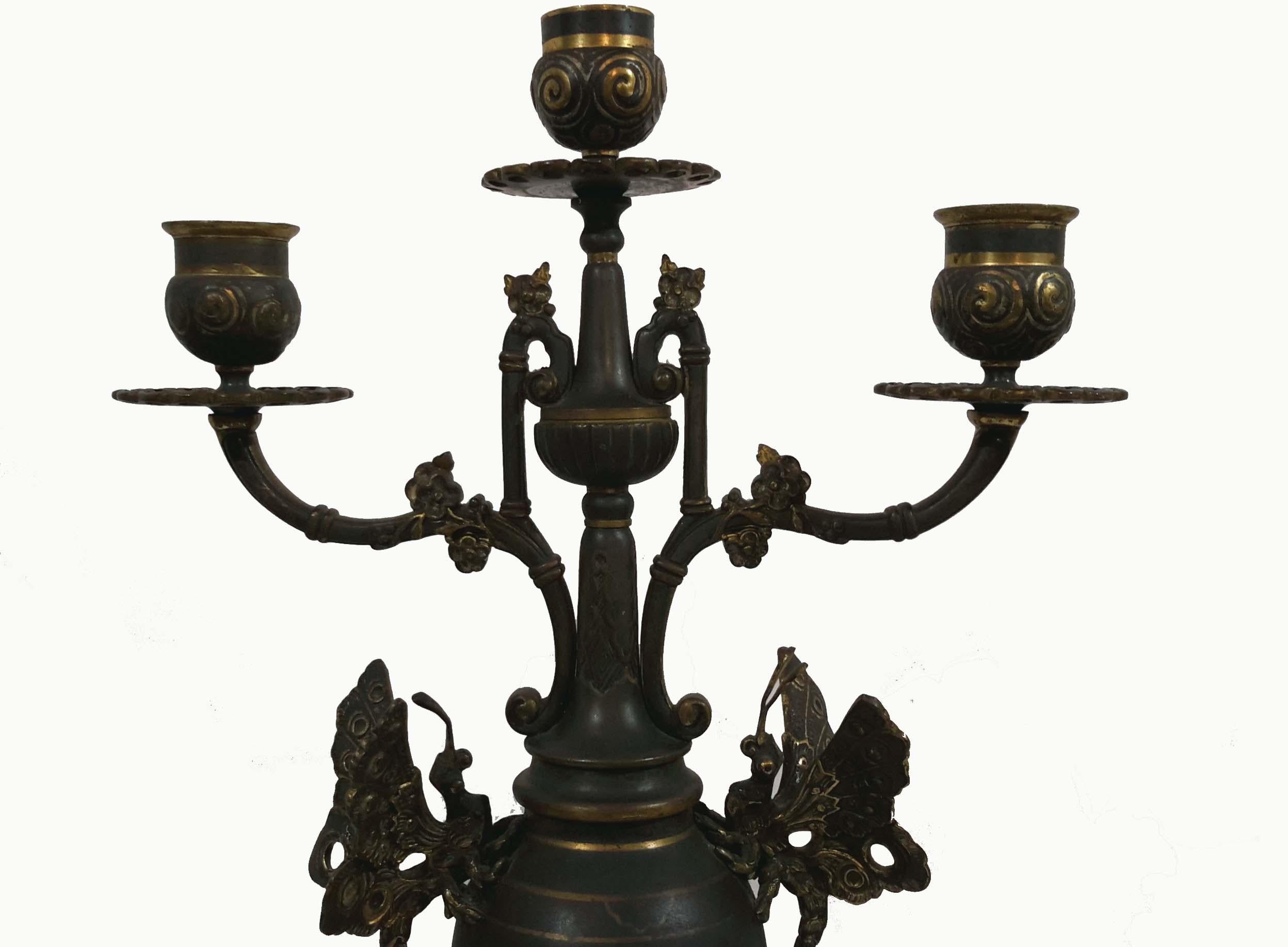 Patinated French Japonisme Bronze Clock Garniture, 19th Century For Sale