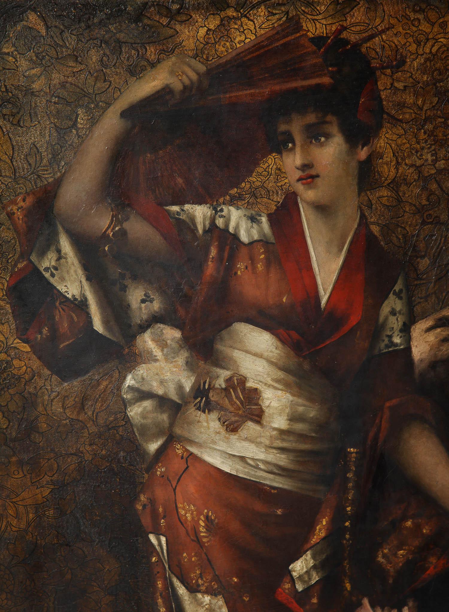 A beautiful 19th century French japonisme oil-on-canvas painting of a Geisha holding a fan. This beautiful Geisha is modeled after the Japonisme movement brought up by French artists integrating Japanese artistic styles into their art work. During