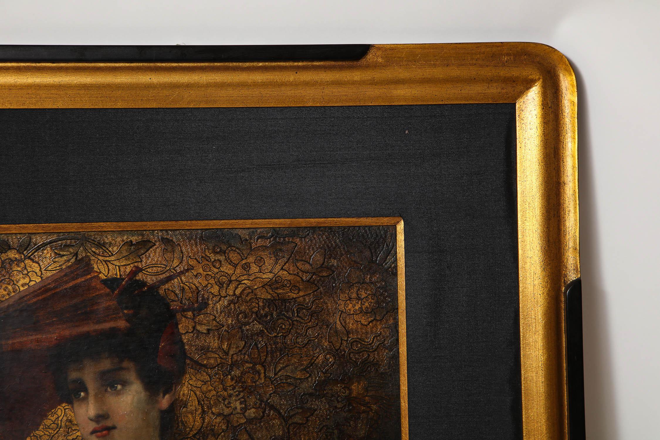 Late 19th Century French Japonisme Hand-Painted Oil-on-canvas of a Geisha with a Fan For Sale