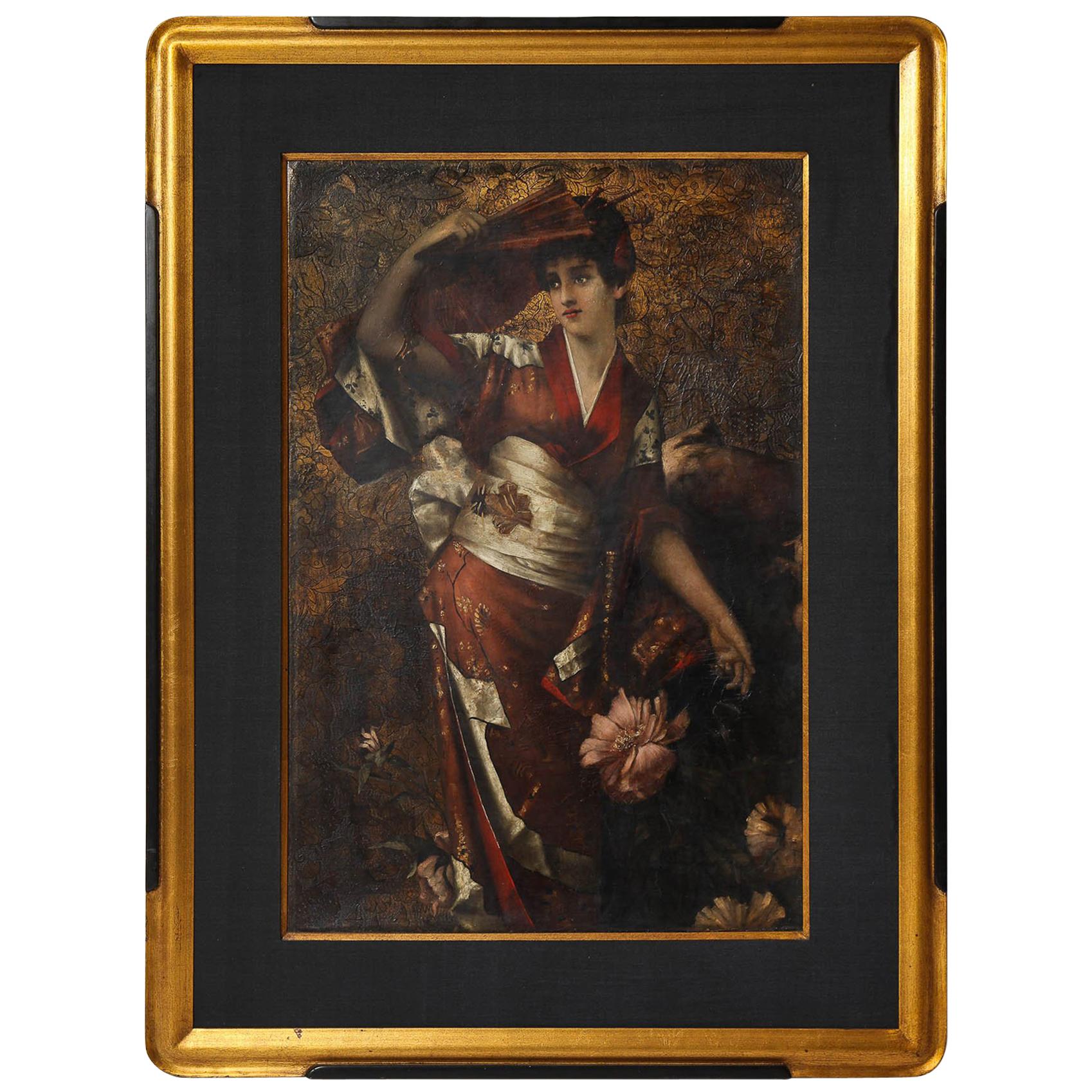 French Japonisme Hand-Painted Oil-on-canvas of a Geisha with a Fan For Sale