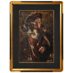 Óleo sobre lienzo francés Japonisme pintado a mano de una Geisha con abanico