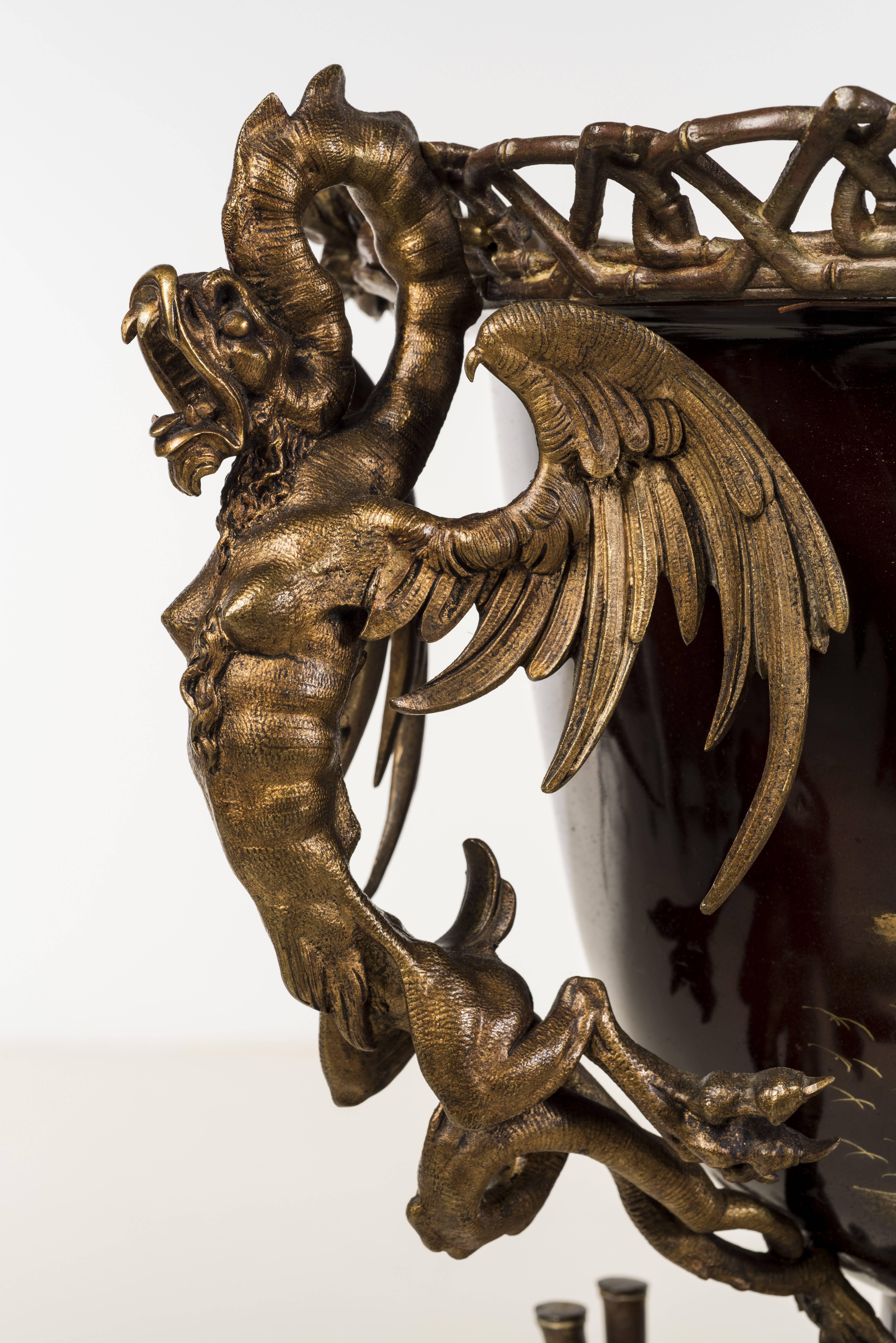 Gilt French Japonisme Lacquered Metal Jardinière on Ormolu Stand Signed Marnyhac For Sale