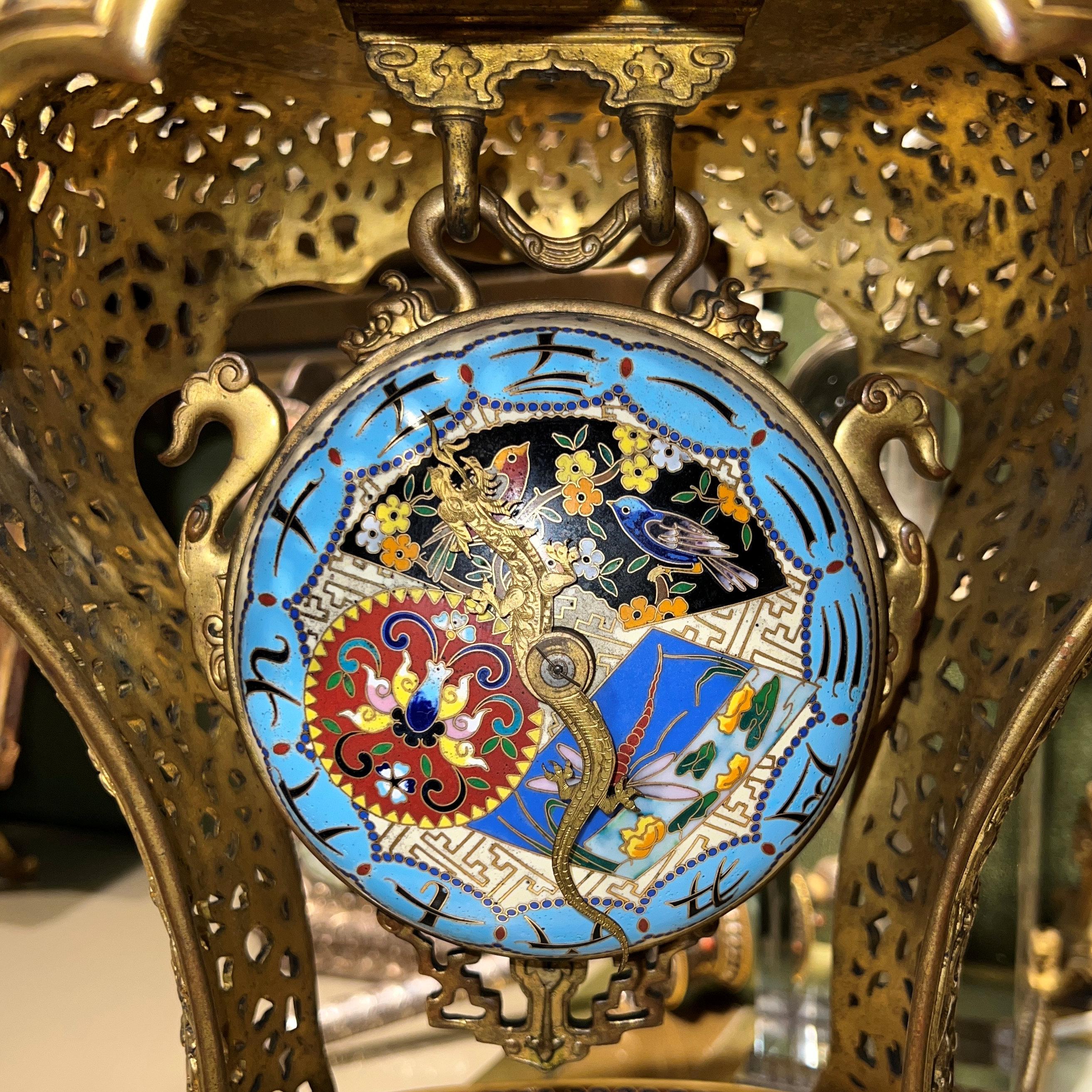 French Japonisme Mantel Clock and Candelabra Attributed to Edouard Lievre In Good Condition For Sale In New York, US