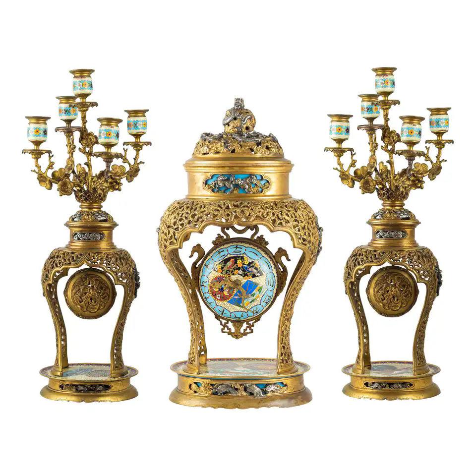 French Japonisme Mantel Clock and Candelabra Attributed to Edouard Lievre For Sale