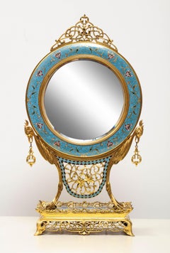 French Japonisme Ormolu and Champleve Cloisonne Enamel Mirror, Edouard Lievre