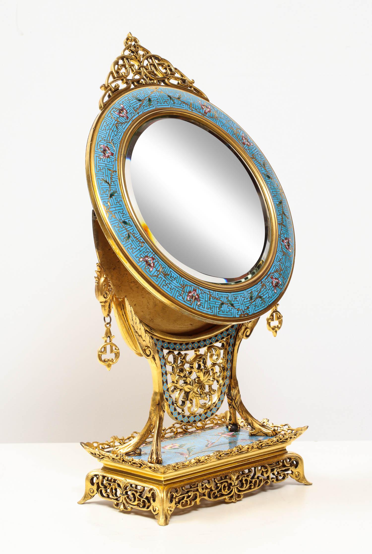 French Japonisme Ormolu and Champleve Cloisonne Enamel Mirror, Edouard Lievre In Excellent Condition In New York, NY