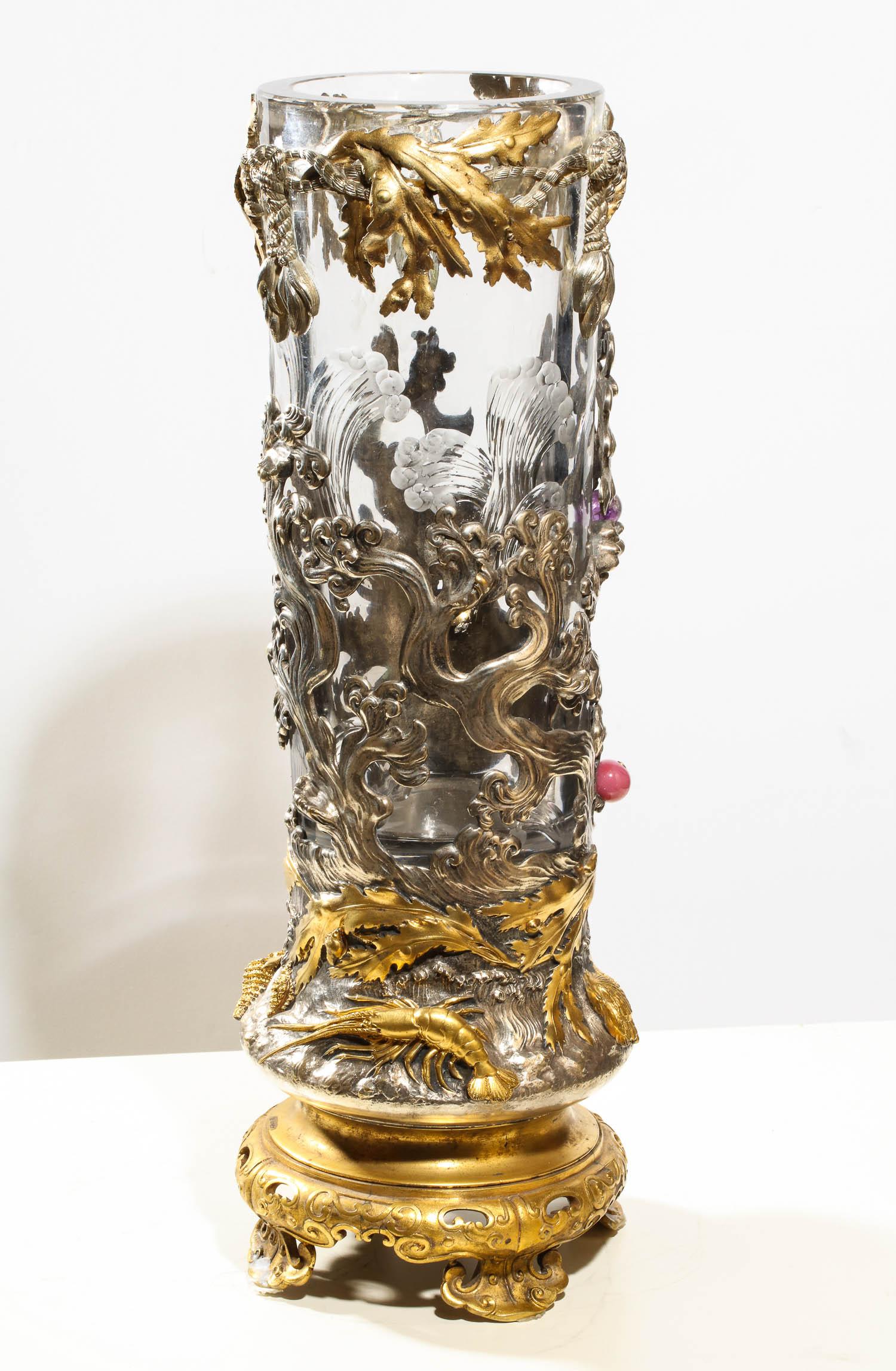 French Japonisme Ormolu and Silvered Bronze Cut Glass Vase L'Escalier De Cristal 11