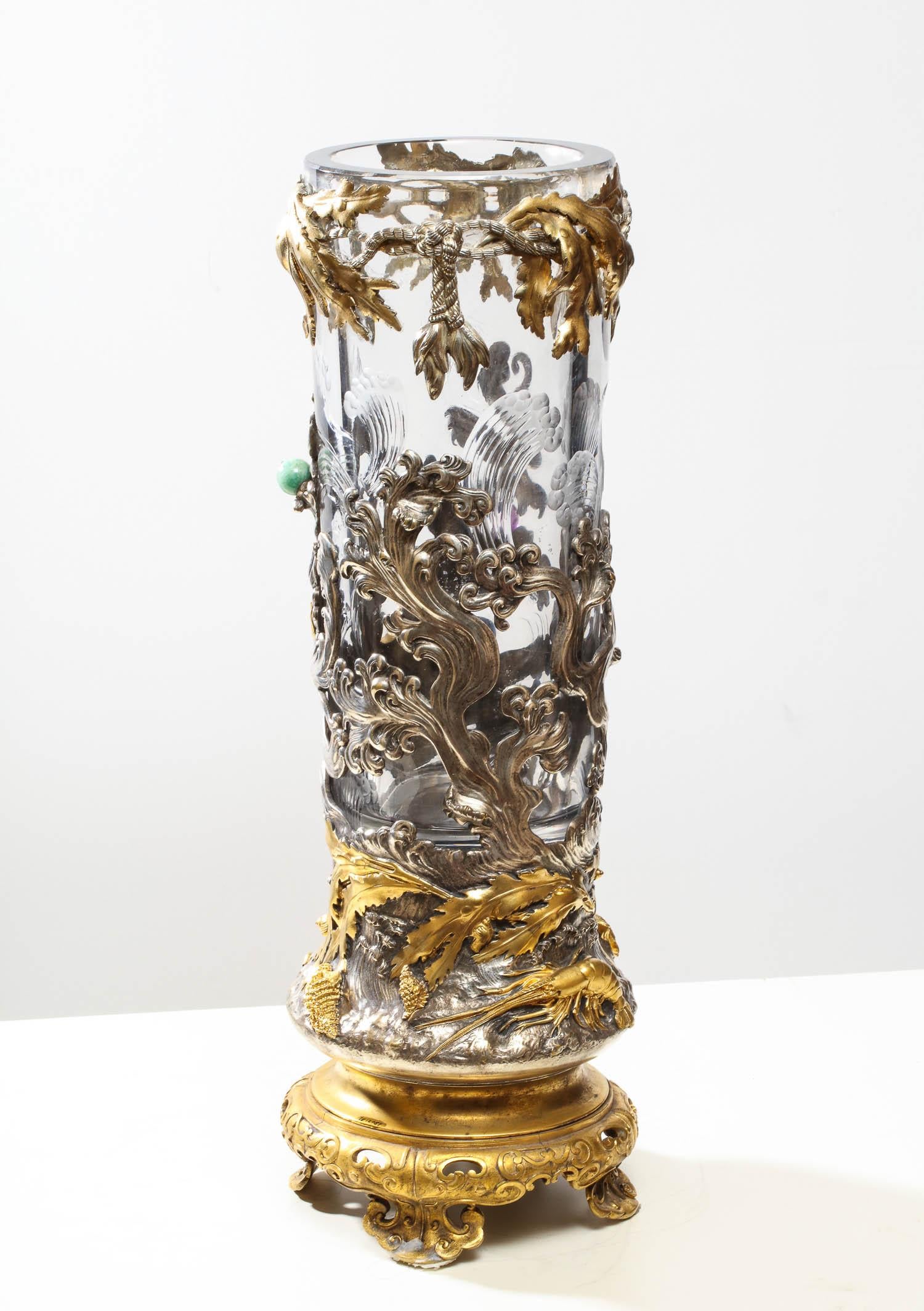 French Japonisme Ormolu and Silvered Bronze Cut Glass Vase L'Escalier De Cristal 14