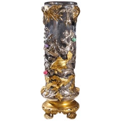 Französisch Japonisme Ormolu und versilberte Bronze geschliffenes Glas Vase L'Escalier De Cristal