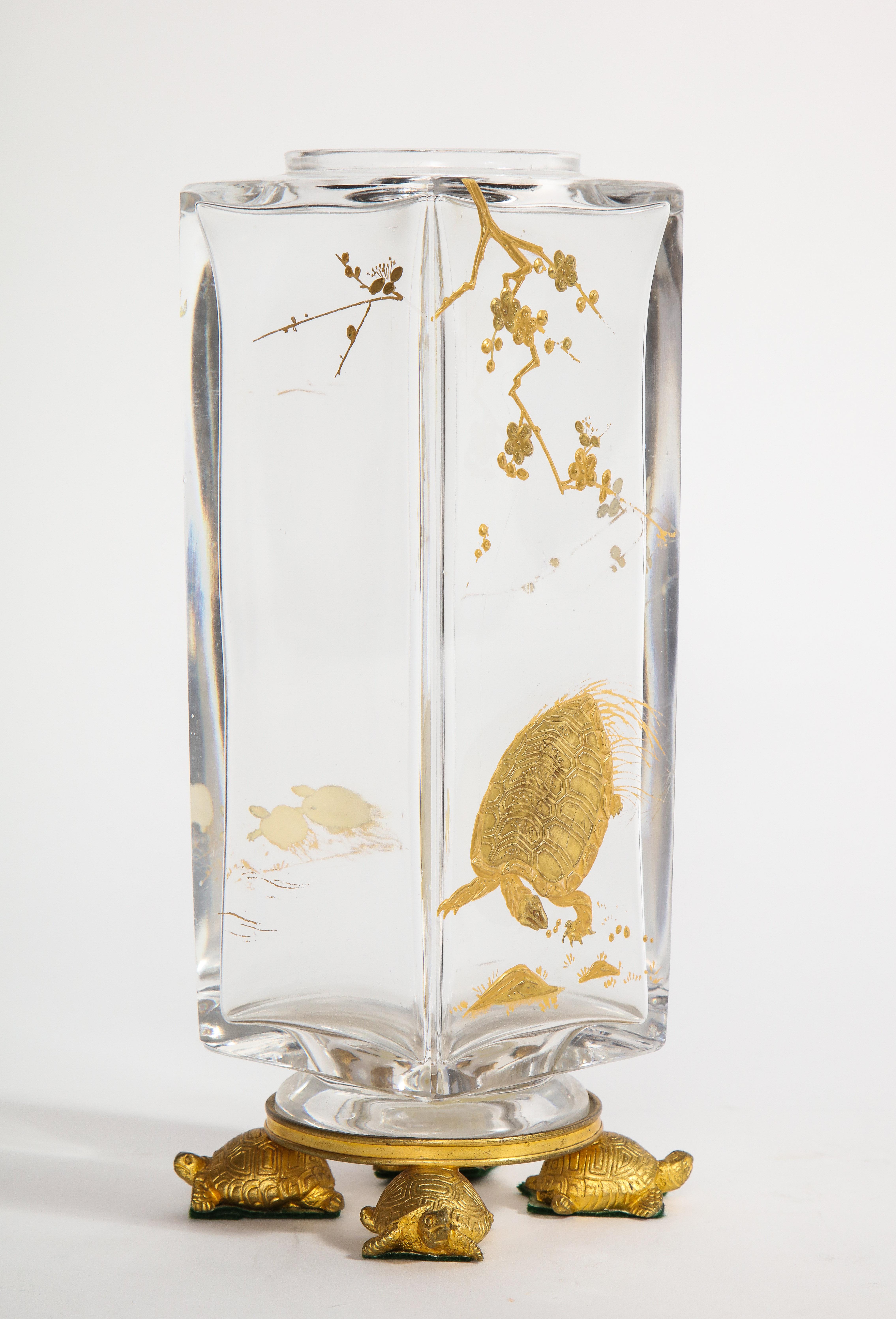 A Gorgeous and extremely rare French Japonisme ormolu-mounted turtle footed Baccarat crystal vase designed with a gilt turtle design, Baccarat stamp on bottom. The quality and craftsmanship of this piece is second to none. Baccarat crystal is known