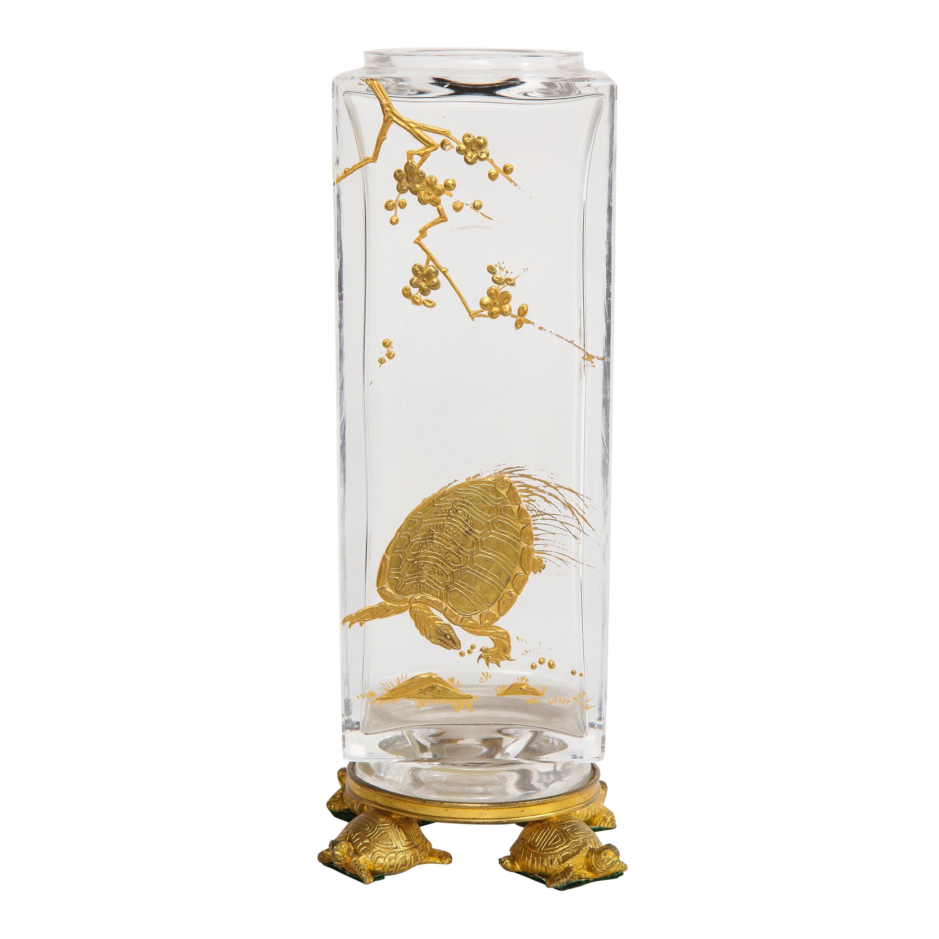 French Japonisme Ormolu-Mounted Baccarat Crystal Vase with Bronze Turtle Feet For Sale