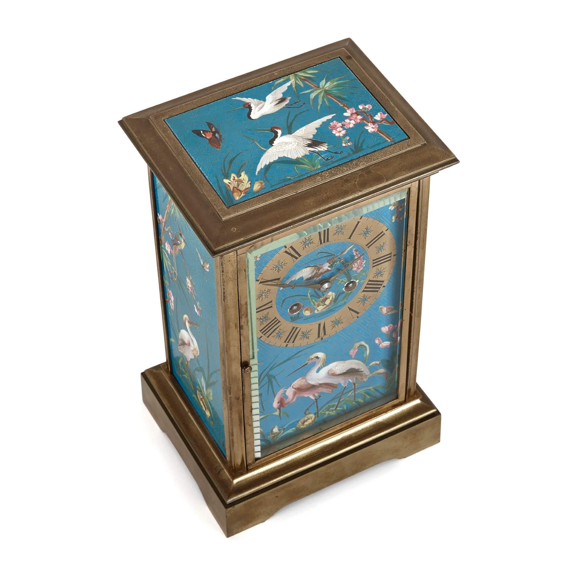 French Japonisme style gilt bronze and enamel mantel clock
French, 19th Century
Height 30cm, width 18cm, depth 14.5cm

This fine mantel clock is of rectangular form, with a gilt bronze frame formed in an architectural manner. The four sides and the