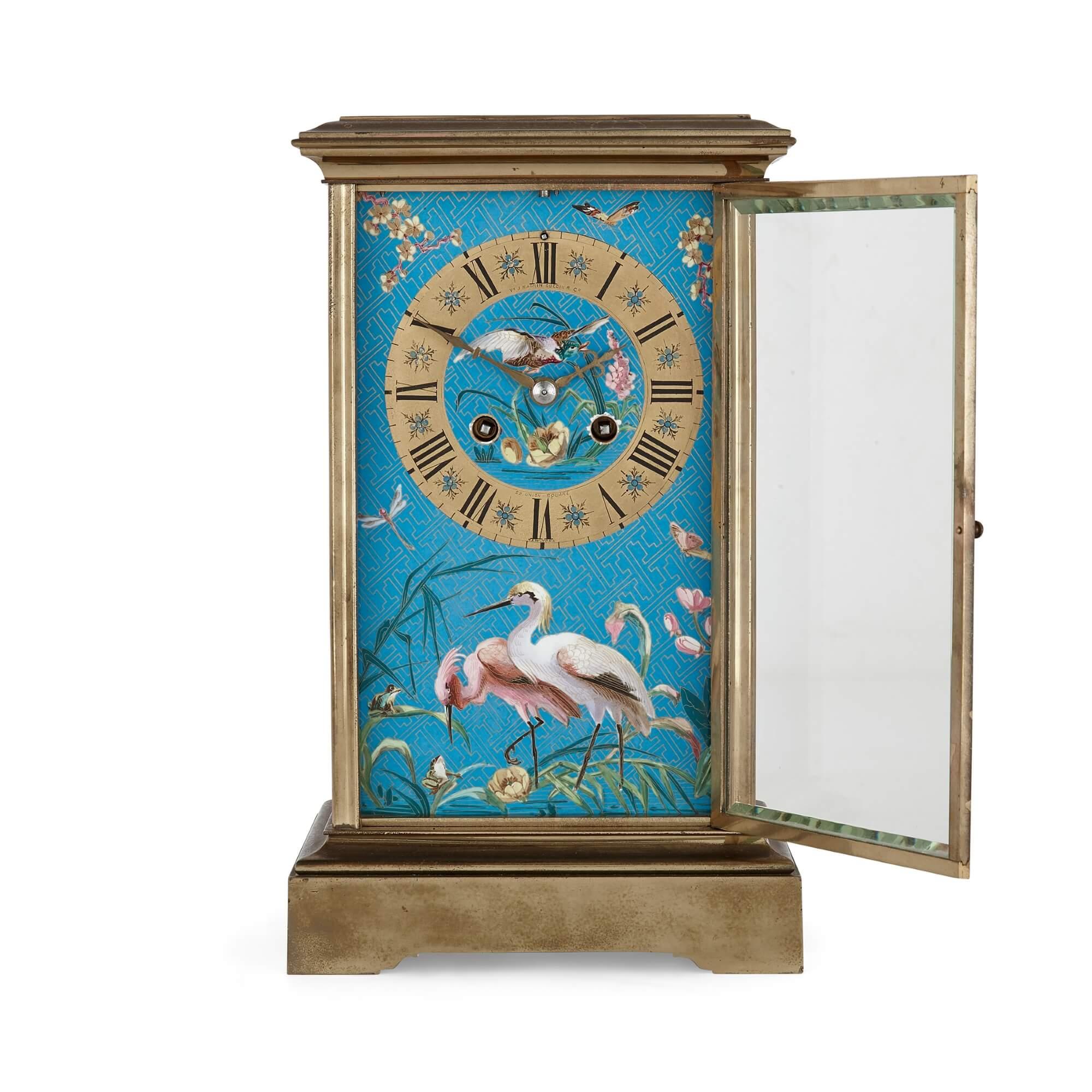 Cloissoné French Japonisme style gilt bronze and enamel mantel clock For Sale
