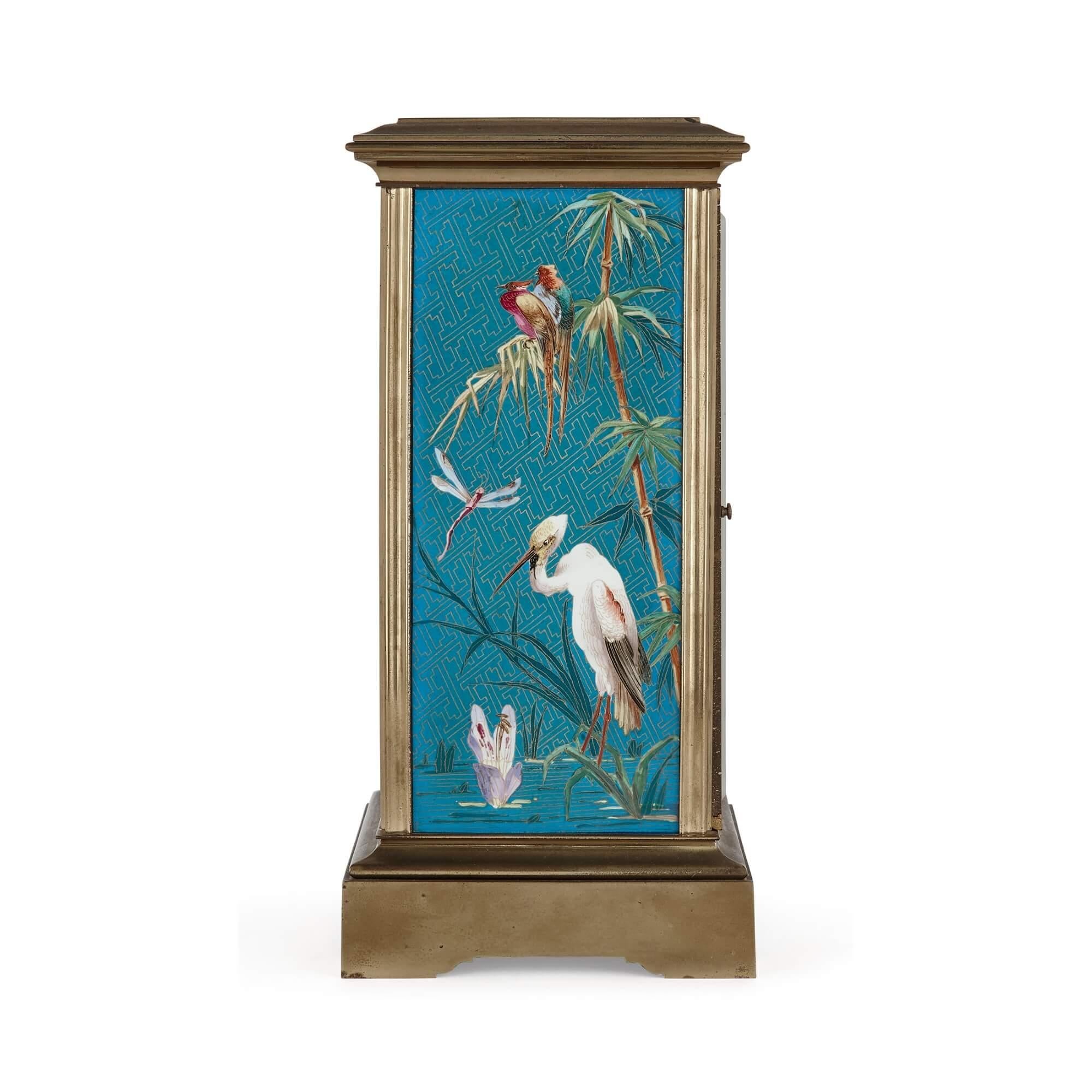 19th Century French Japonisme style gilt bronze and enamel mantel clock For Sale