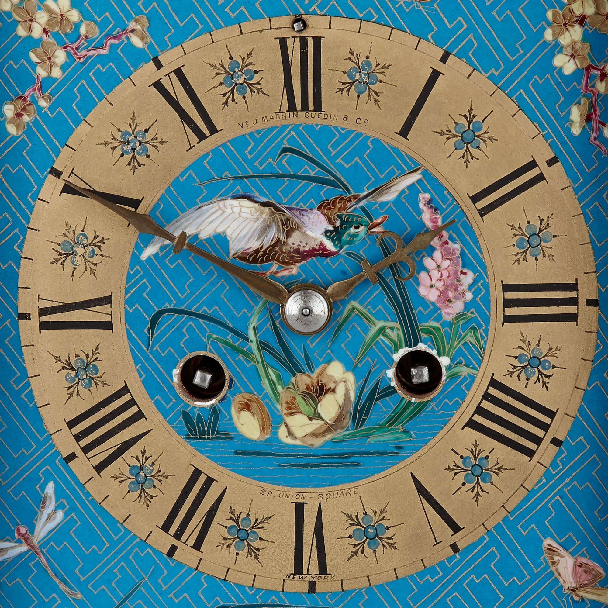 Ormolu French Japonisme style gilt bronze and enamel mantel clock For Sale