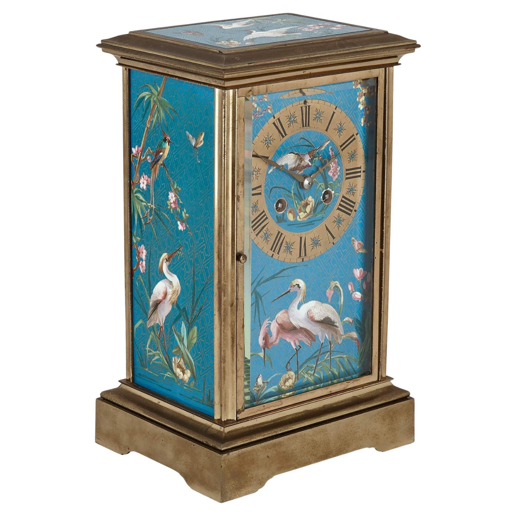 French Japonisme style gilt bronze and enamel mantel clock For Sale