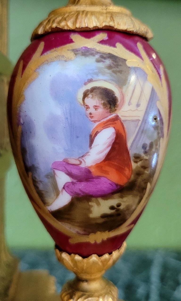 French 19C Japy Freres & Red Sevres Porcelain Mantle Clock with Garniture Set For Sale 4