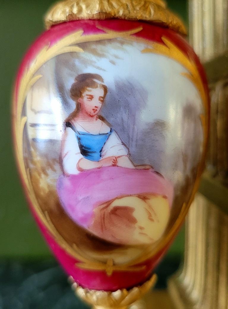 French 19C Japy Freres & Red Sevres Porcelain Mantle Clock with Garniture Set For Sale 5