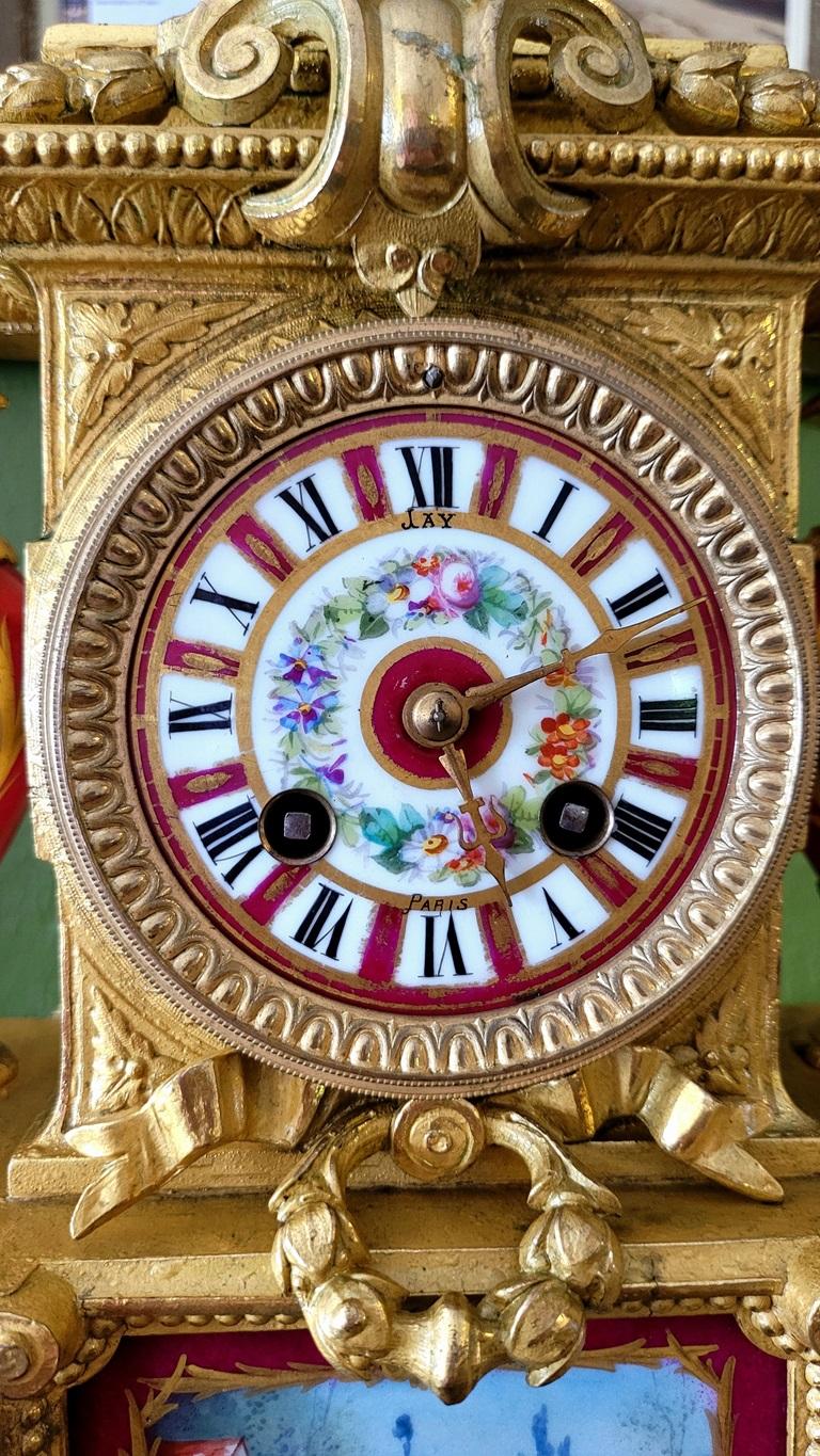 French 19C Japy Freres & Red Sevres Porcelain Mantle Clock with Garniture Set For Sale 9