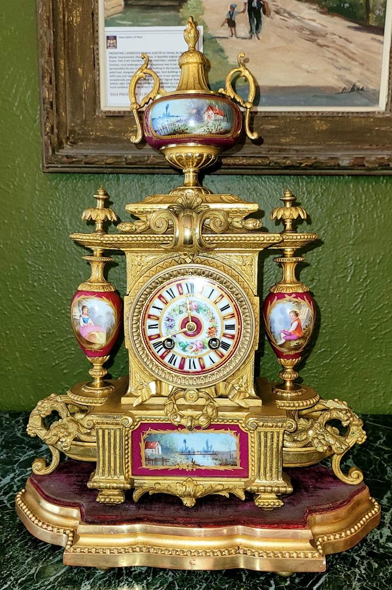 French 19C Japy Freres & Red Sevres Porcelain Mantle Clock with Garniture Set For Sale 11