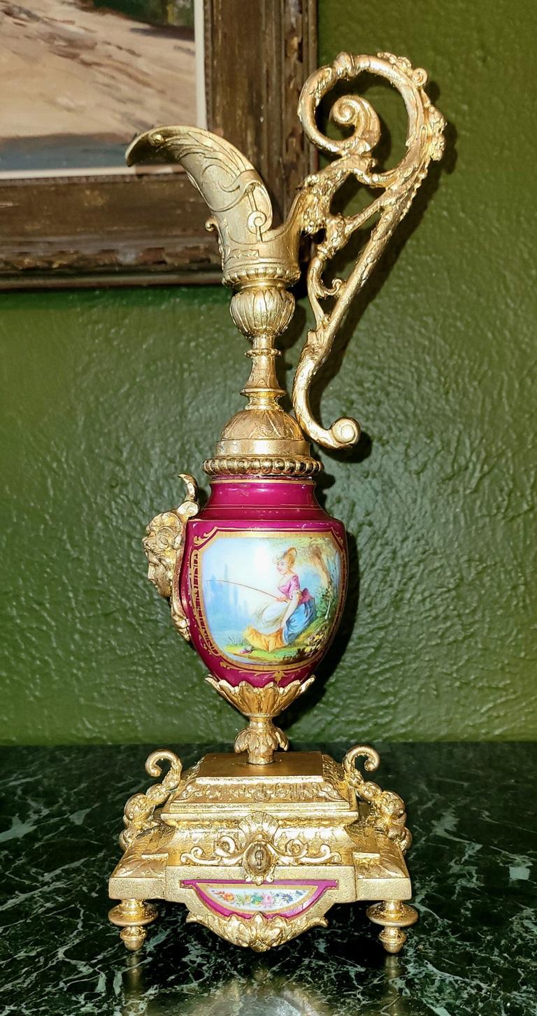 French 19C Japy Freres & Red Sevres Porcelain Mantle Clock with Garniture Set For Sale 13