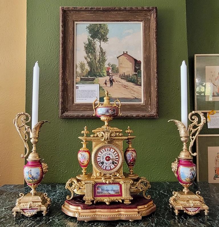 French 19C Japy Freres & Red Sevres Porcelain Mantle Clock with Garniture Set For Sale 14