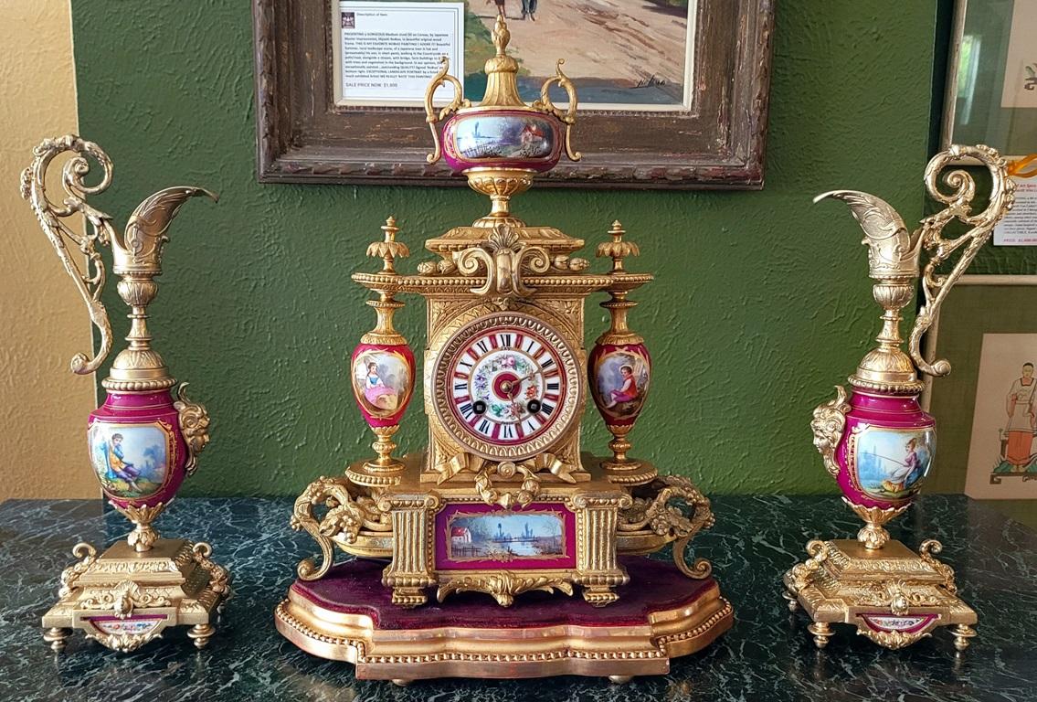 Rococo Revival French 19C Japy Freres & Red Sevres Porcelain Mantle Clock with Garniture Set For Sale