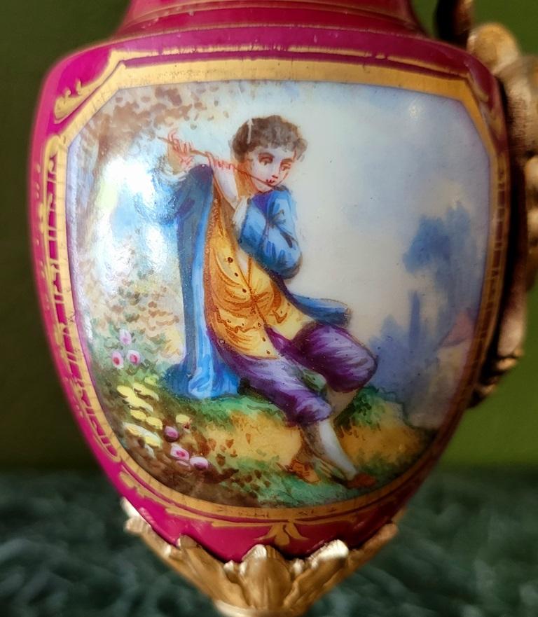 French 19C Japy Freres & Red Sevres Porcelain Mantle Clock with Garniture Set For Sale 2