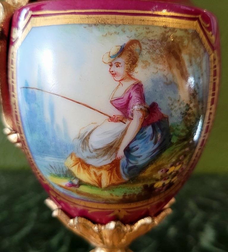 French 19C Japy Freres & Red Sevres Porcelain Mantle Clock with Garniture Set For Sale 3