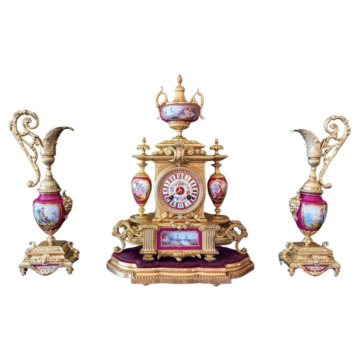 French 19C Japy Freres & Red Sevres Porcelain Mantle Clock with Garniture Set