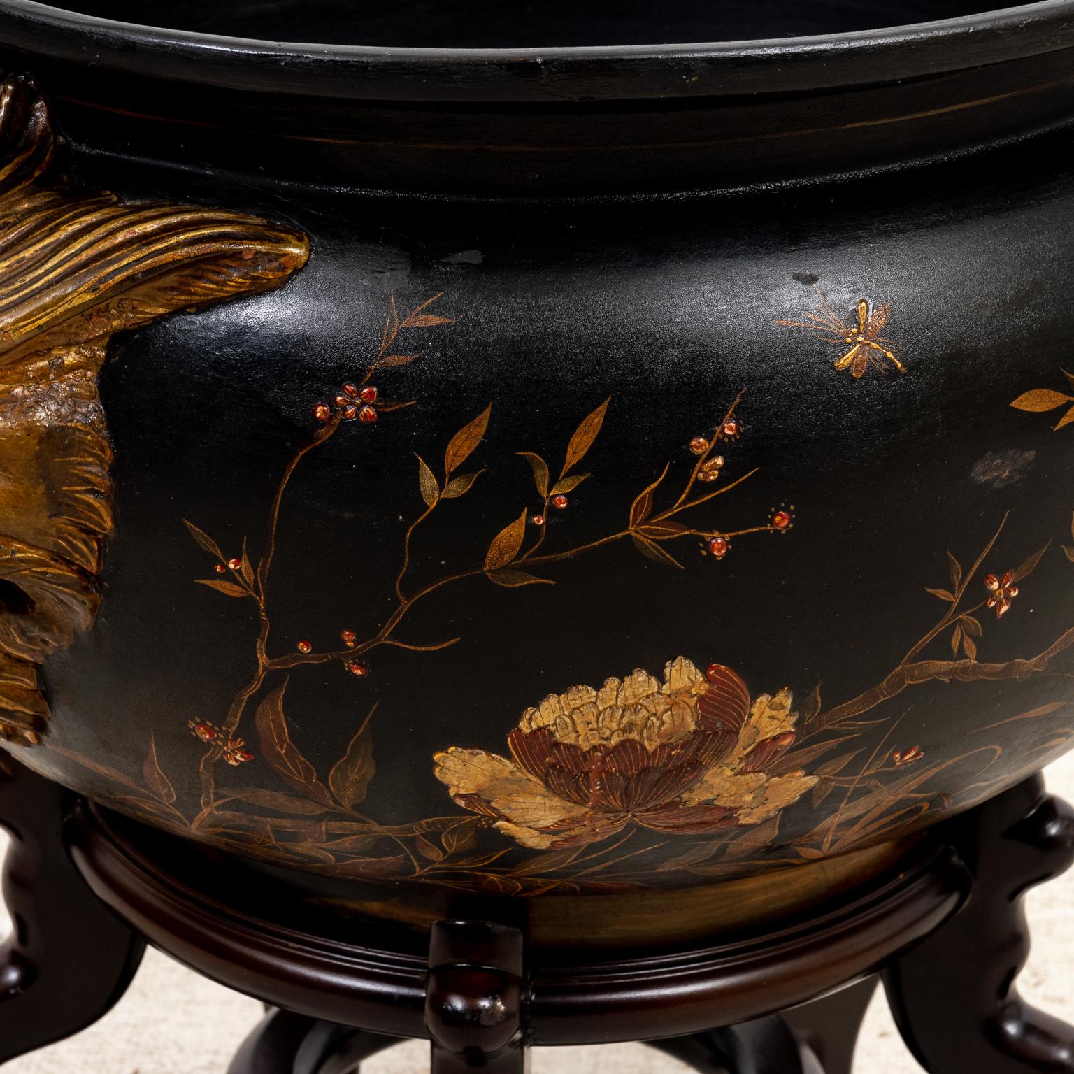 Circa 1900 French gilt and polychrome japanned terracotta jardinière with raised gilt and lacquered designs of cranes and ducks. Please note of wear consistent with age. Inside repainted and rim chip repaired.