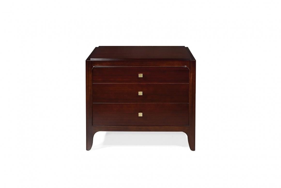 Contemporary bedside table shown in Mahogany with a Dark Mahogany finish, the Jarvis features three drawers and elegant curved legs.

· Handcrafted in cherry wood, oak, mahogany or painted.

· Hand painted in an extensive range of wood