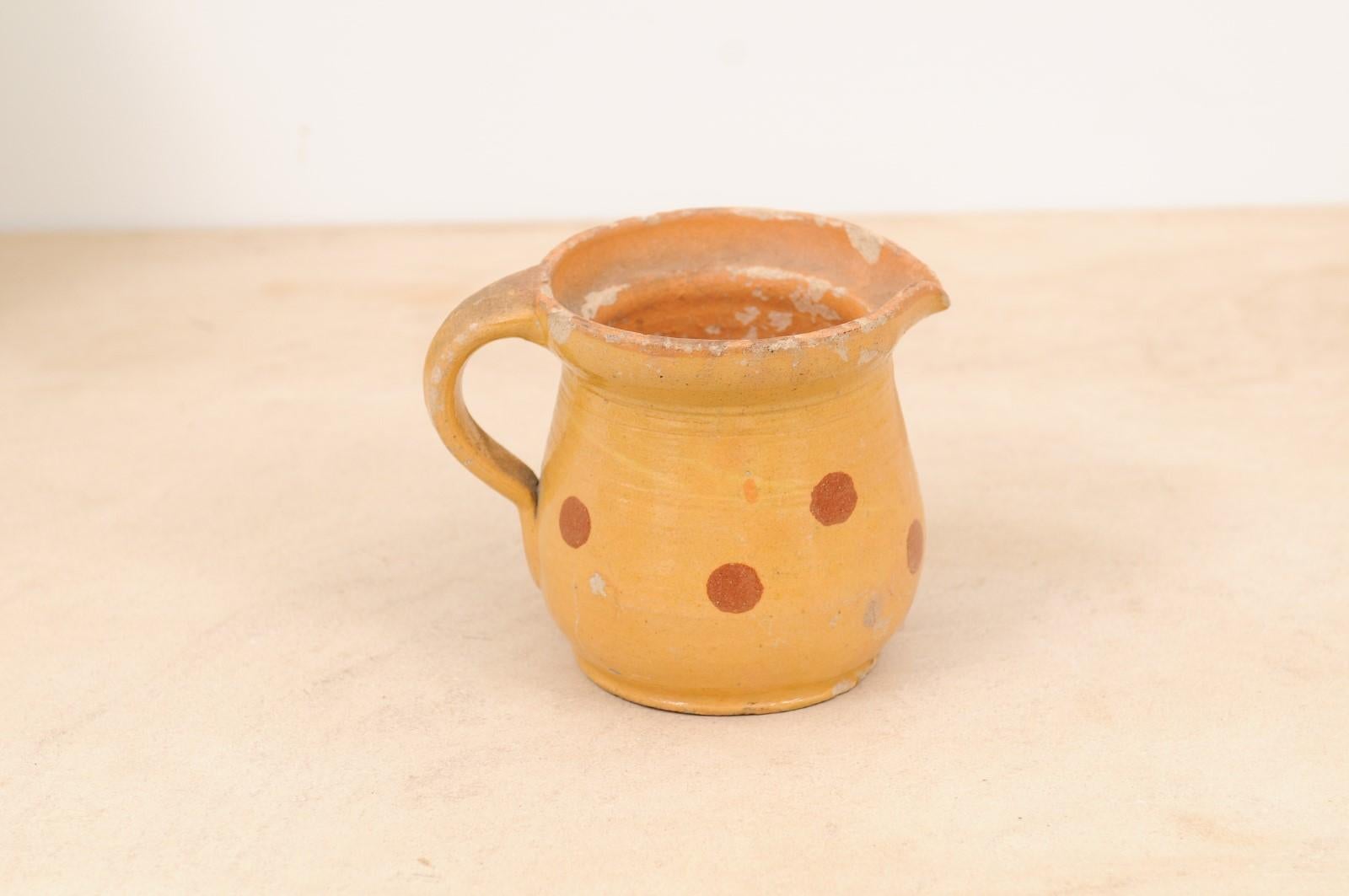 Glazed French Jaspe Ware 19th Century Yellow Pitcher with Rust Polka Dots