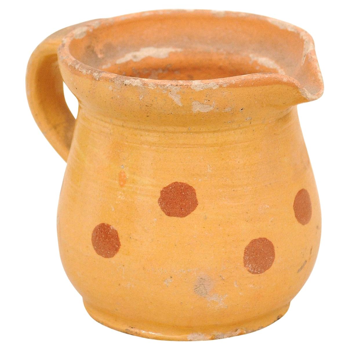 French Jaspe Ware 19th Century Yellow Pitcher with Rust Polka Dots