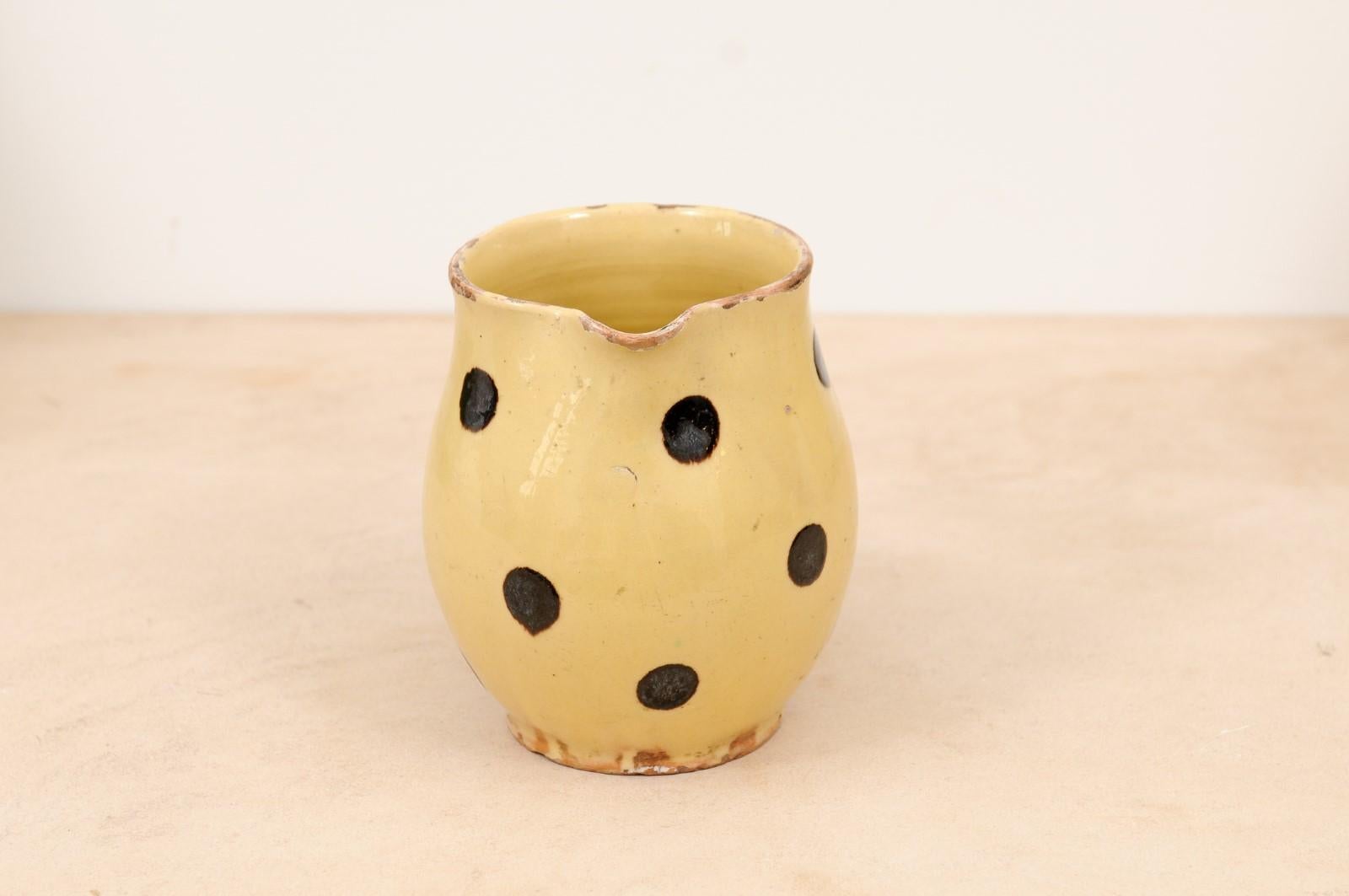 French Jaspe Ware 19th Century Yellow Pottery Pitcher with Brown Polka Dots 2