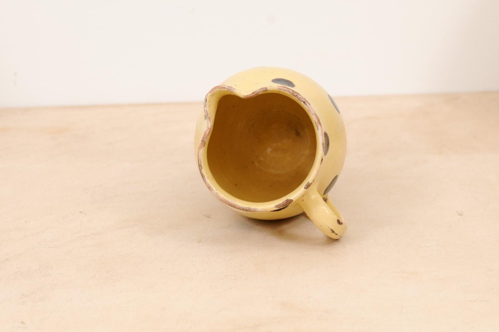 French Jaspe Ware 19th Century Yellow Pottery Pitcher with Brown Polka Dots 3
