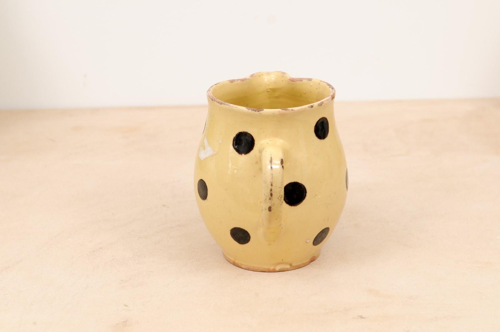 Rustic French Jaspe Ware 19th Century Yellow Pottery Pitcher with Brown Polka Dots