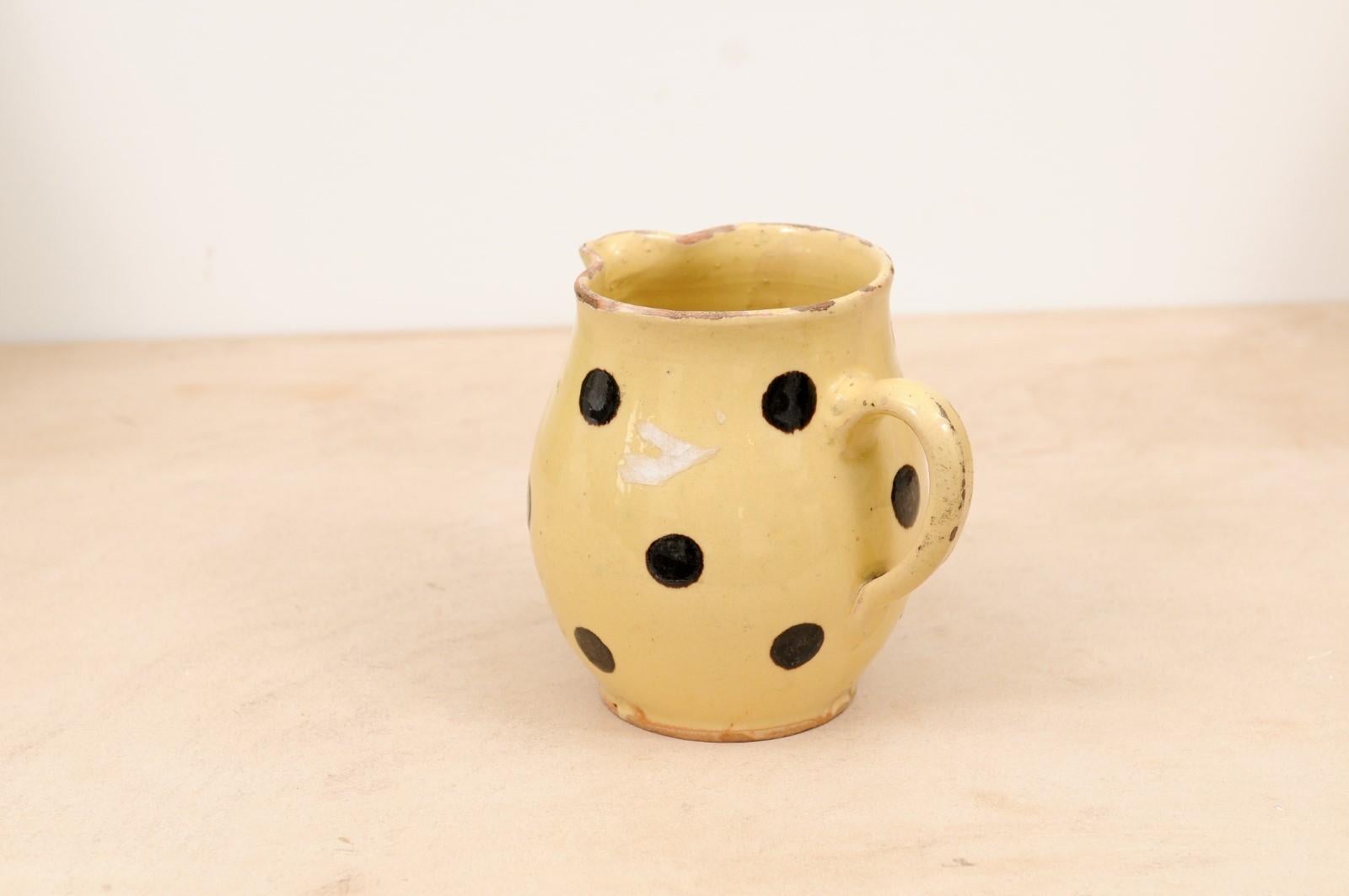 Glazed French Jaspe Ware 19th Century Yellow Pottery Pitcher with Brown Polka Dots