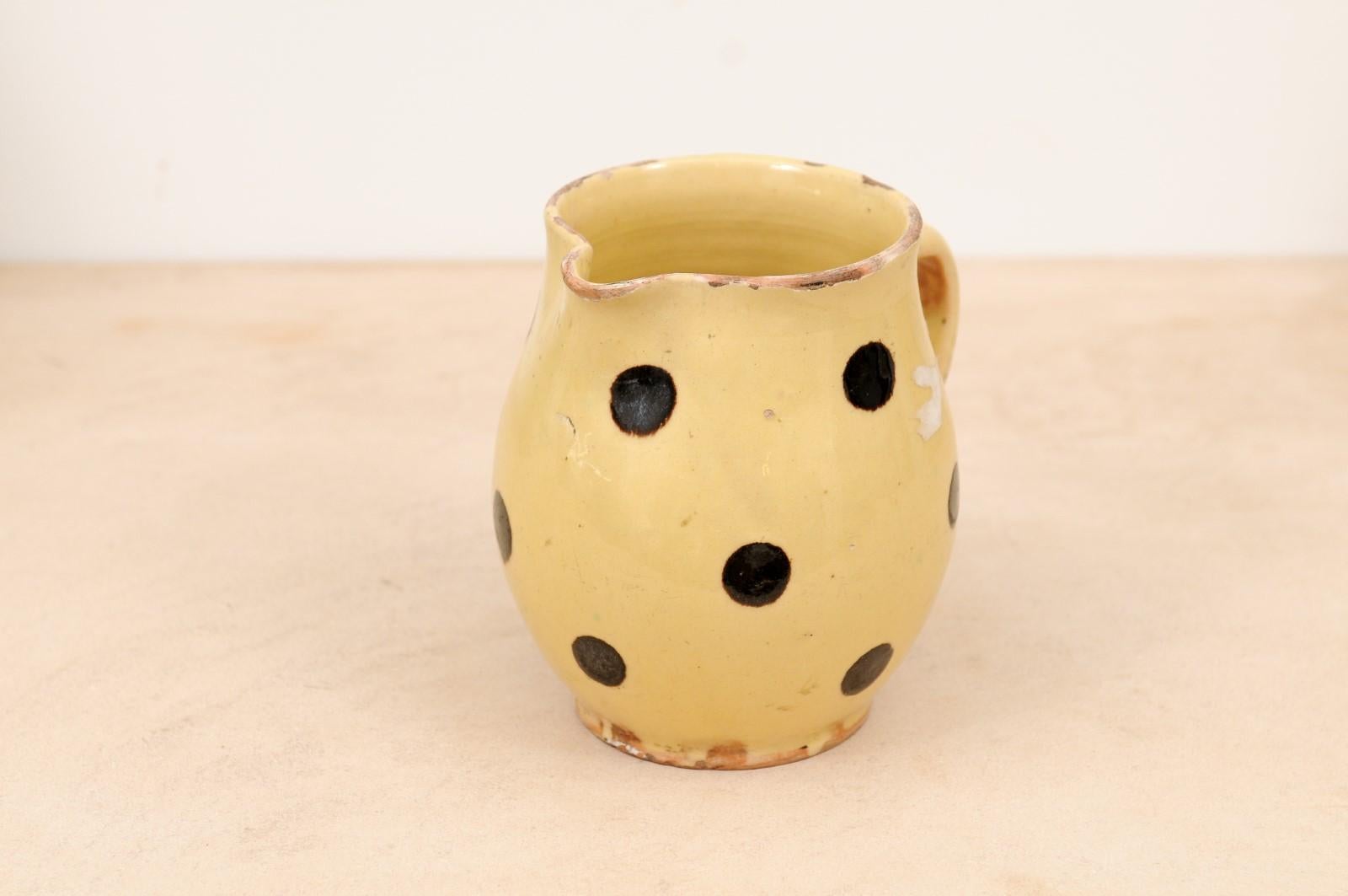 French Jaspe Ware 19th Century Yellow Pottery Pitcher with Brown Polka Dots 1