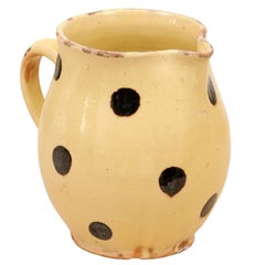 Antique French Jaspe Ware 19th Century Yellow Pottery Pitcher with Brown Polka Dots